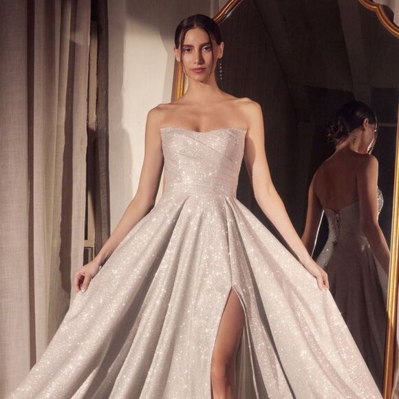 New Evening A-Line Glitter Maxi Dress w/ Pleated Details & Lace Up Back CDT701 - Picture 1 of 10